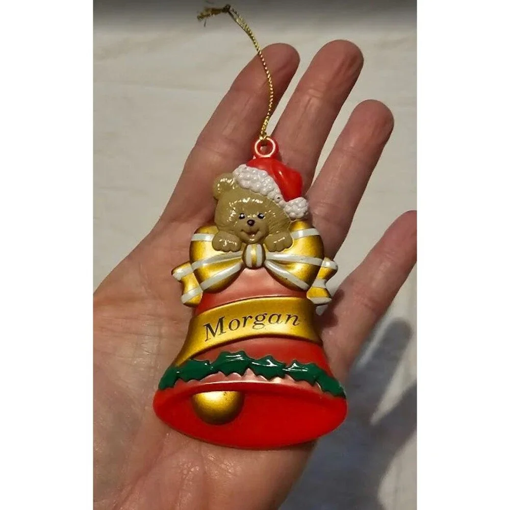 Stravina Personalized Ornament BEAR Bell Morgan Plastic Gold and Red Ribbon